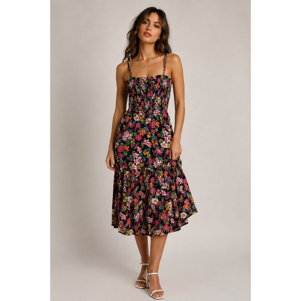 J. Crew y2k floral flowy summer midi dress wedding guest smock tiered a line xxs